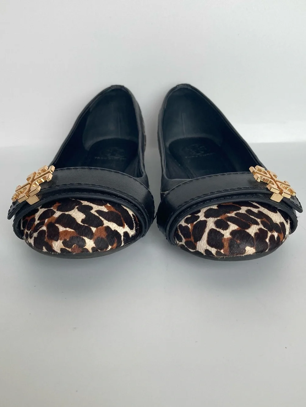 Tory Burch Eloise Black Leather & Leopard Print Cap-Toe Ballet Flats
